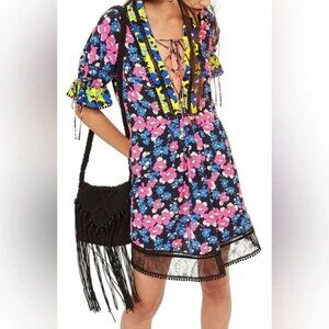 Topshop Size 12 Short Sleeve Floral Print Lace Neckline Boho Festive Dress